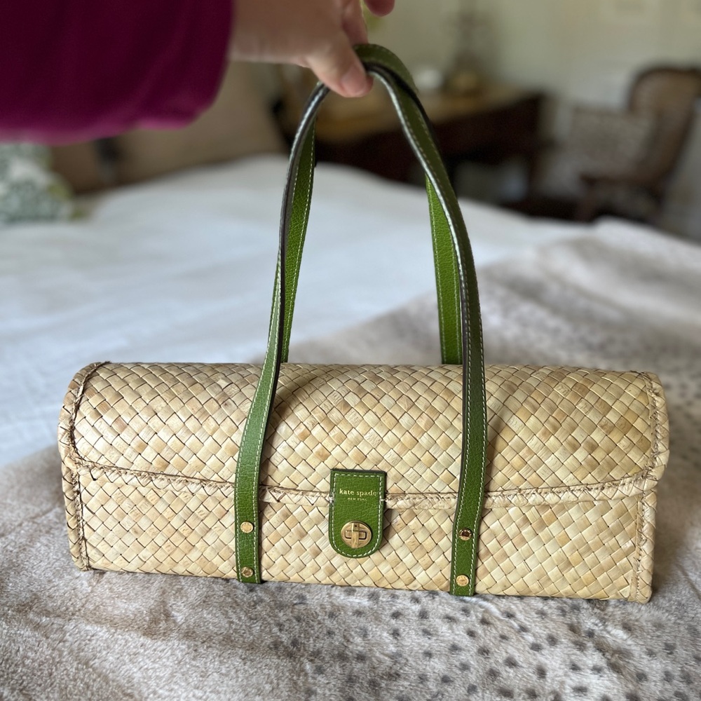 Kate Spade Wicker Wine/Barrel Purse with Green Trim